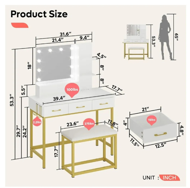 Vanity Desk with Mirror and Lights, Makeup Vanity with Wider Cushioned Stool, Vanity Set with USB Power Outlet, 3 Drawer,White (White One Size)