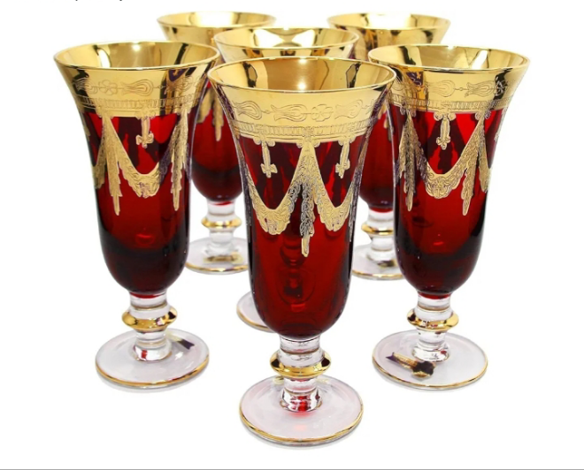 Set of 6 Crystal Glasses, 24K Gold-Plated (Champagne Flutes, Blue)