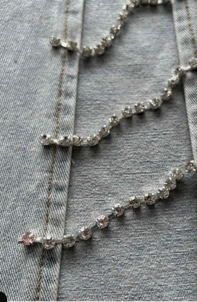Covered in Diamond Lace Up Jeans High Rise Wide Leg Rhinestone Bandage Fringe Hem Split Denim Trouser