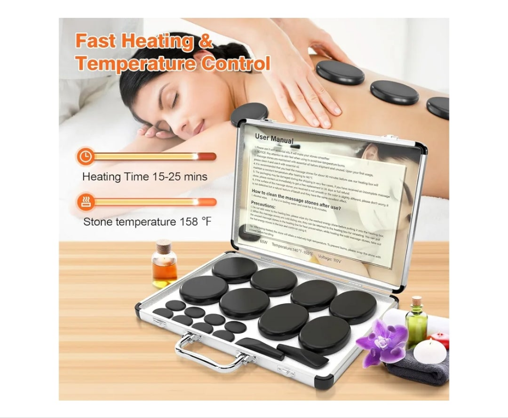 Hot Stones Massage Set, 18 Pcs Basalt Hot Stones with Heater Kit for SPA Portable Bianstone Massage Rocks Heating Box for Home Spa Warming, Relaxing, Healing, Pain Relief