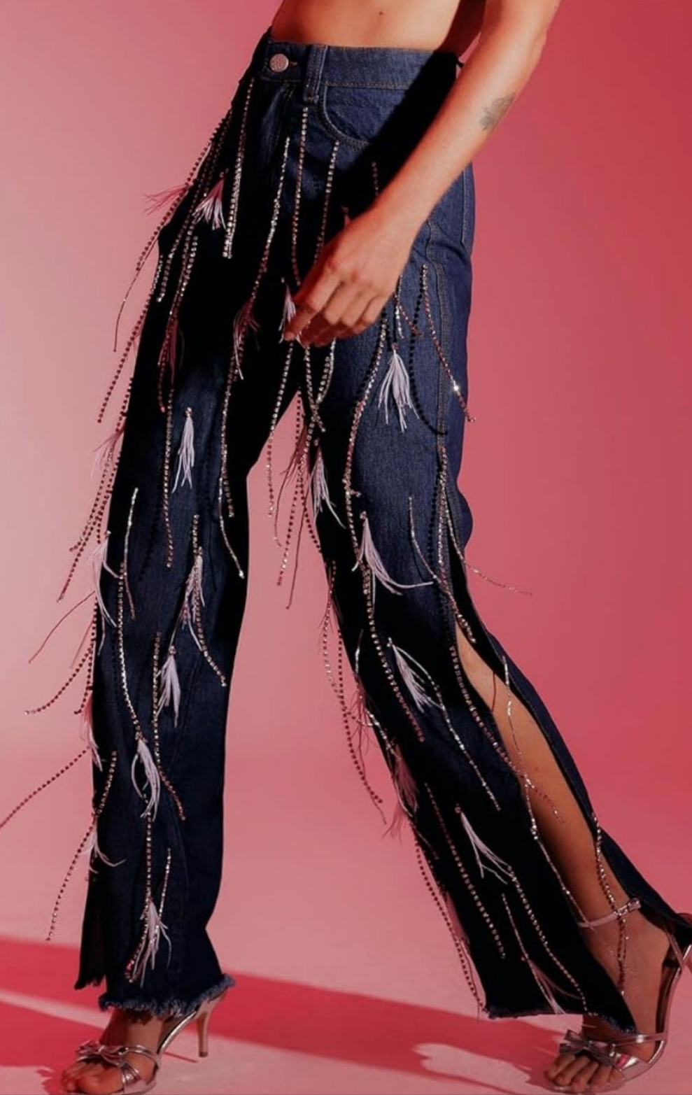 Women's Rhinestone Tassels Jeans High Waist Sright Leg Baggy Sparkly Side Slit Fringe Feather Denim Pants