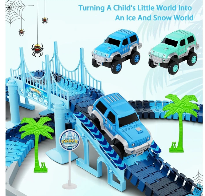 Track Car Toys, 269 PCS Racing Tracks Toy, Create A Frozen World Race Road, Flexible Tracks Playset & 2 PCS Cool Race Cars, Toddler Toys Birthday Gifts