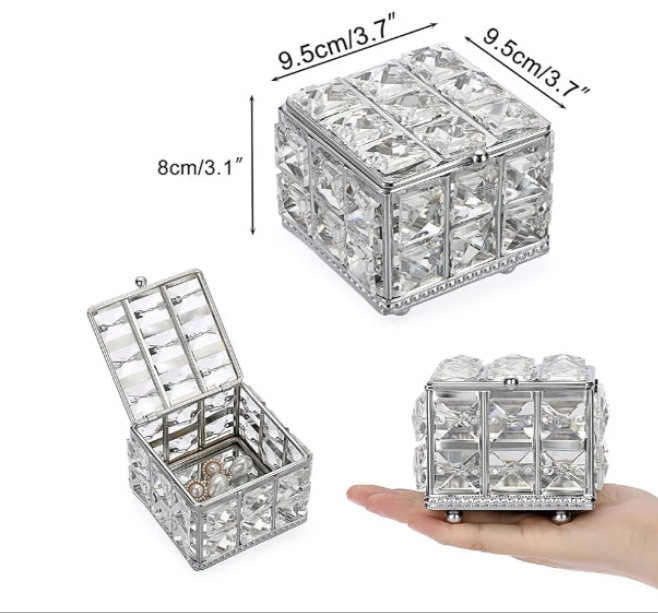 Crystal Jewelry Box - Square Decorative Trinket Organizer Box Sparkling Mirrored Jewelry Chest for Rings Earrings Keepsakes