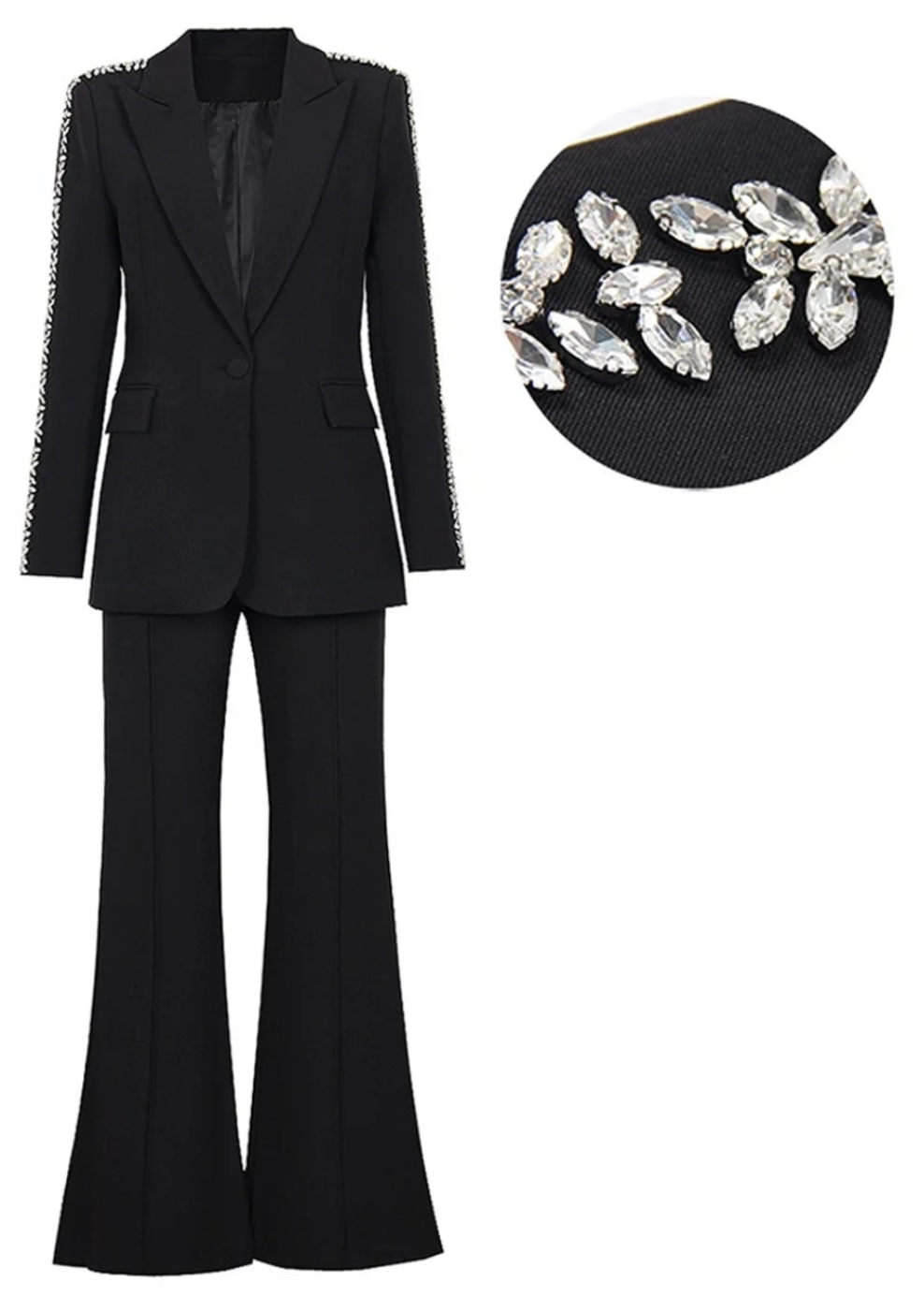 COCOMONEY Lapel Collar Rhinestone Flare Leg Two Piece Pant Set-White or Black