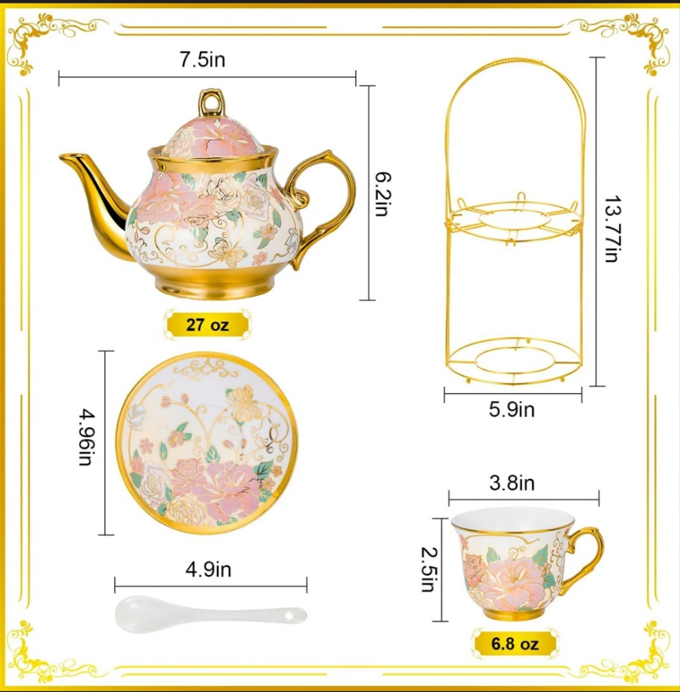 Ceramic 20 Pieces European Ceramic Tea Set for Adults With Metal Holder and Flower Painting (Cream) fancy