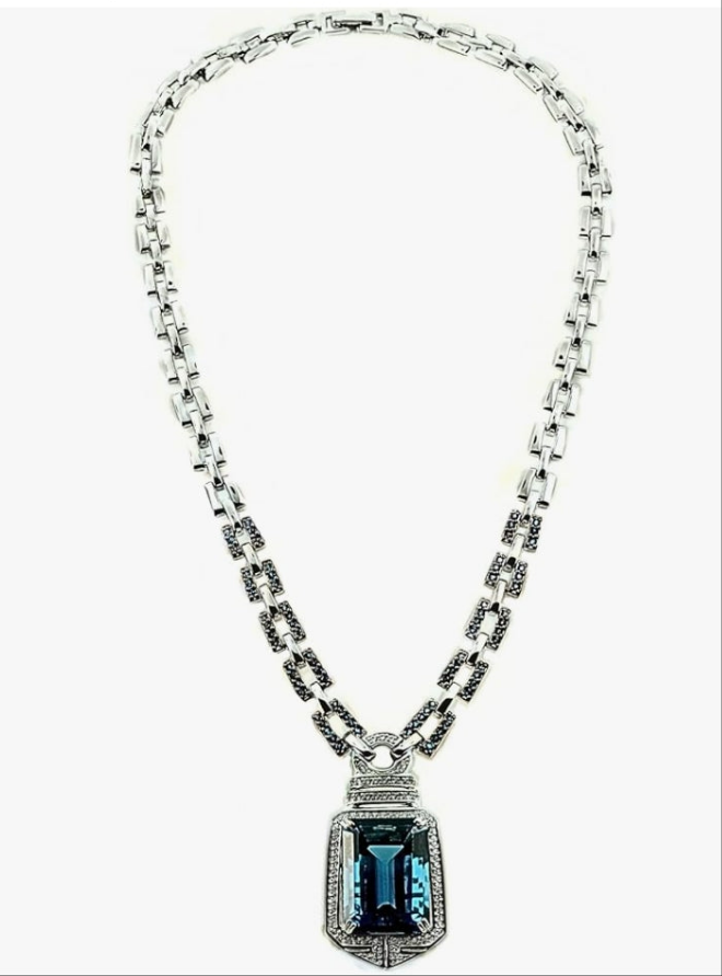 Sterling Silver 925 STATEMENT Pendant Necklace GENUINE GEMSTONE 24 mm with RHODIUM-PLATED Finish (london-blue-topaz)