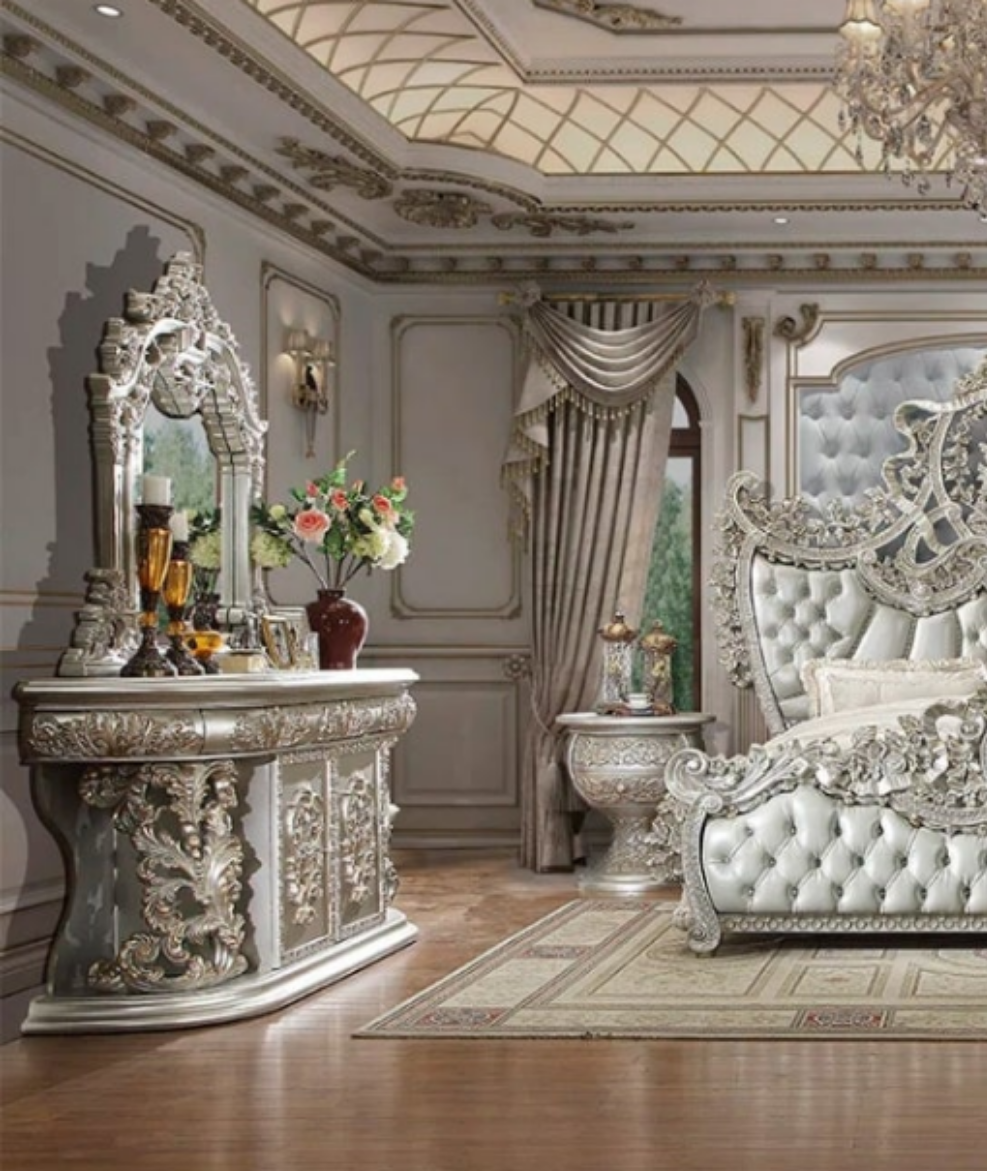 LEATHER 5PC BEDROOM | SILVER W/GOLD HIGHLIGHT