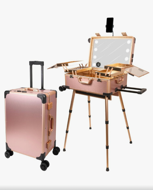 Rolling Makeup Train Case with Mirror and Lights Cosmetic Travel Box Mobile Barber Stations with Bluetooth, Speaker, Wheels, Stands