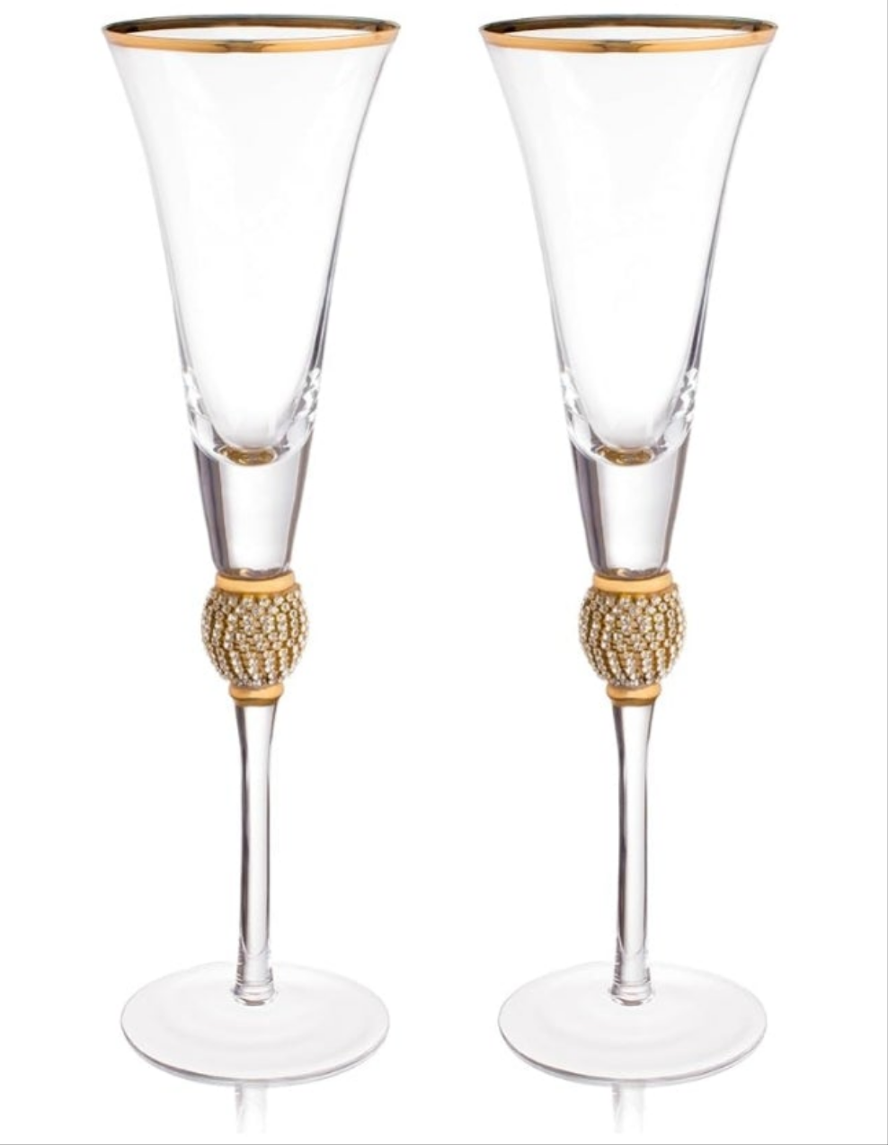 Wedding Champagne Flutes Toasting Glasses, 7oz Set of 2
Rhinestone, DIAMOND, Studded, Gold Rim, Long Stem, 11-inches Tall, Elegant Glassware, Stemware, wedding