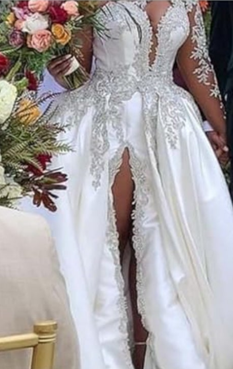 One Shoulder Satin Wedding Dresses Long Sleeve Mermaid Crystals Beaded Bridal Wedding Gowns with Slit