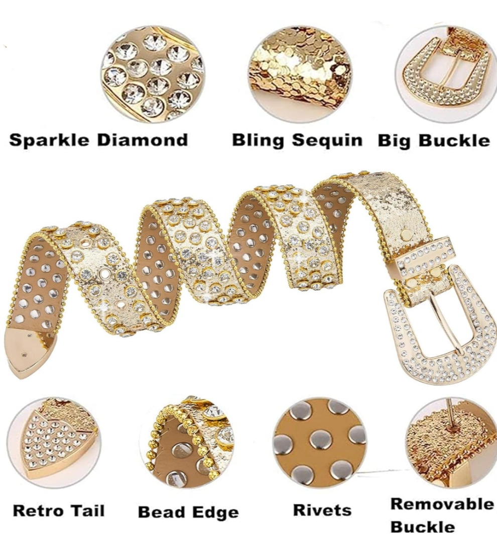 Men Fashion Rhinestone Belt Western Bling Studded Design Leather Diamond Belt for Jeans
