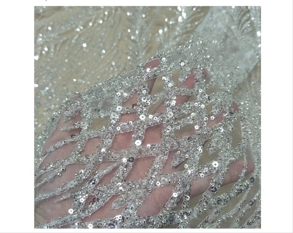 1 Yard Long 130cm Wide Bridal Lace Fabric - Silver Beading and Sequins Lace Fabric Accessories