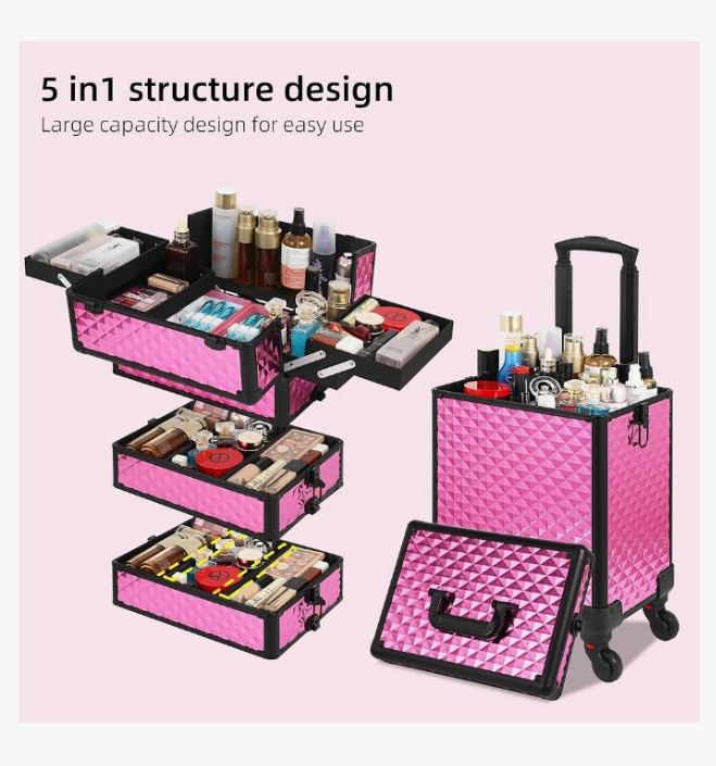 Rolling Makeup Case, Makeup Train Case with Lid, 5 in 1 Cosmetology Case on Wheels, Christmas Gift, Large Makeup Case Organizers, Profesional Cosmetic Case for Salon Barber,