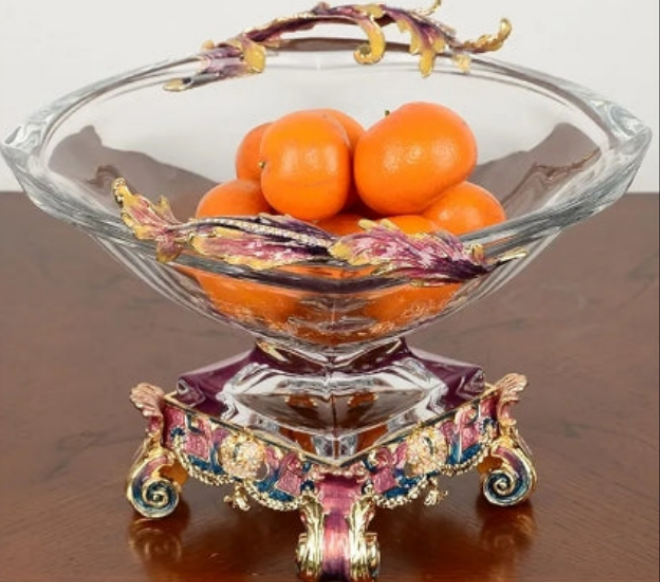 CUTE High-end Fruit Bowl, Luxury Glass Dried Alloy Fruit Plate with High Pedestal, Snacks Display Stand Storage Tray for Living Room Festival Decoration Ornament Gift