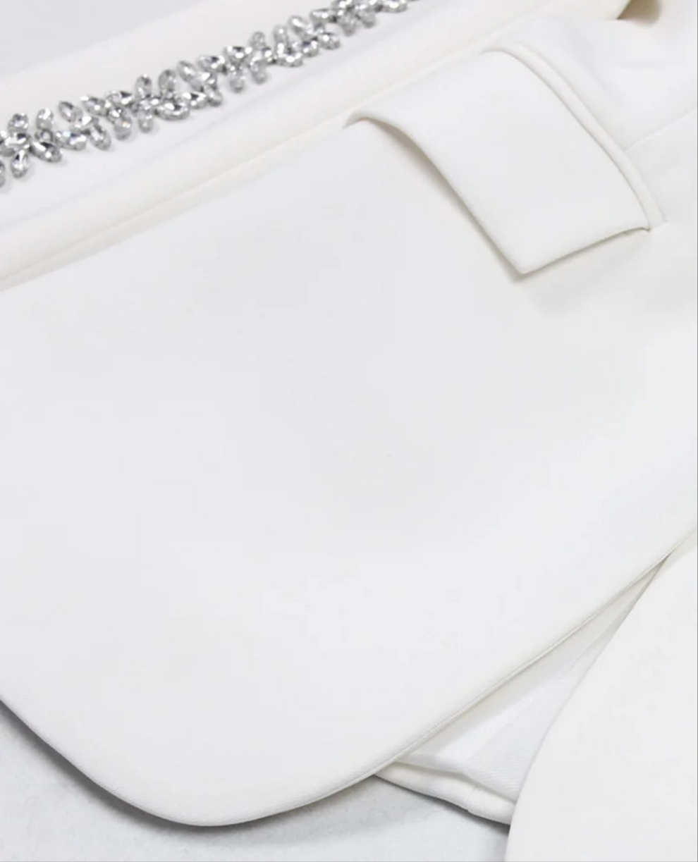 COCOMONEY Lapel Collar Rhinestone Flare Leg Two Piece Pant Set-White or Black
