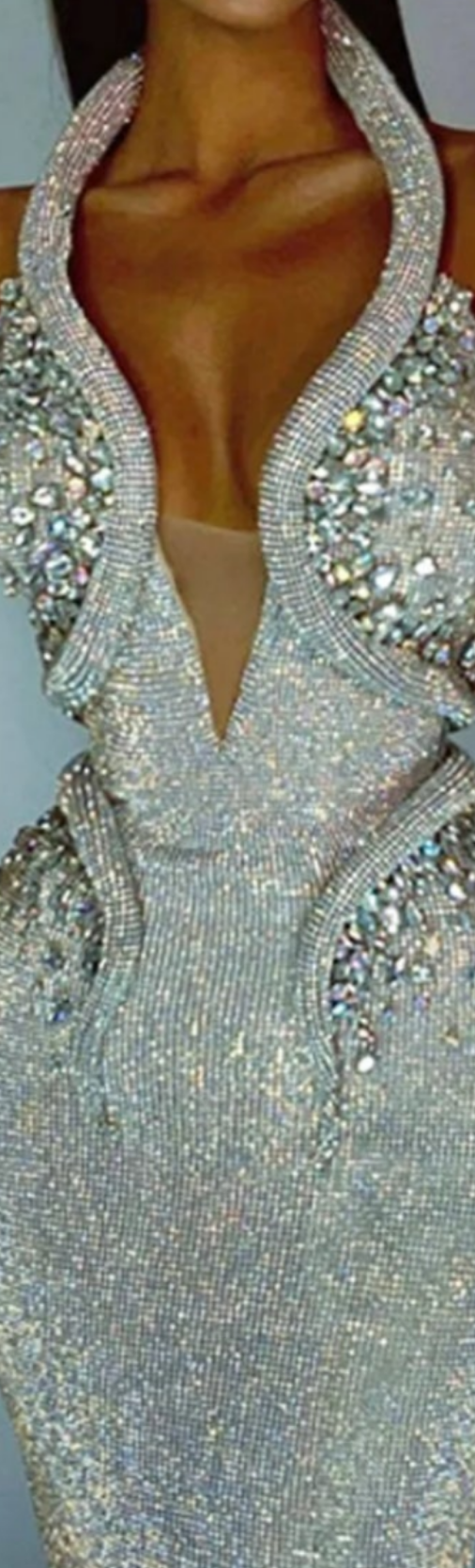 Snake-Shaped Sequin Rhinestone Halter Neck Maxi Dress-Silver COCOMONEY