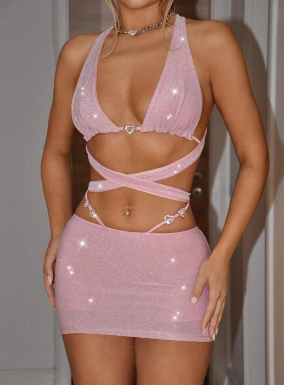 Deep V-Neck Heart Rhinestone Decorated Wrap Tie Two-Piece Set With Super Low Waist Skirt