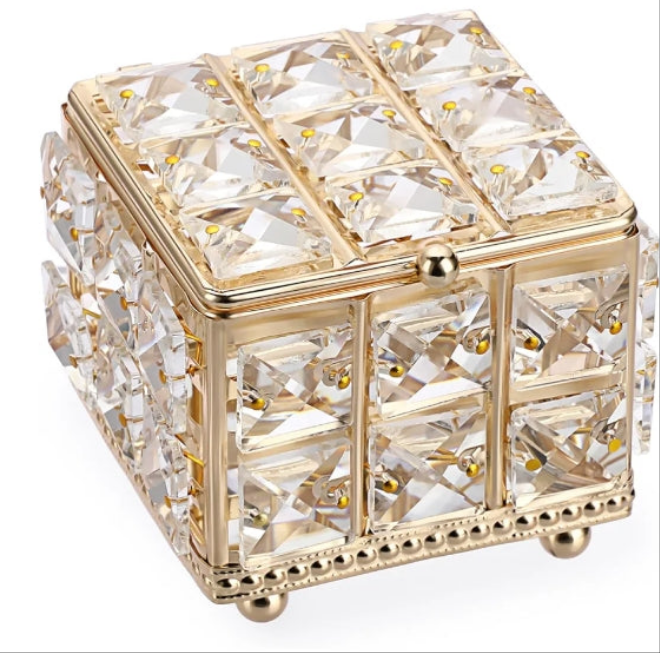Crystal Jewelry Box - Square Decorative Trinket Organizer Box Sparkling Mirrored Jewelry Chest for Rings Earrings Keepsakes