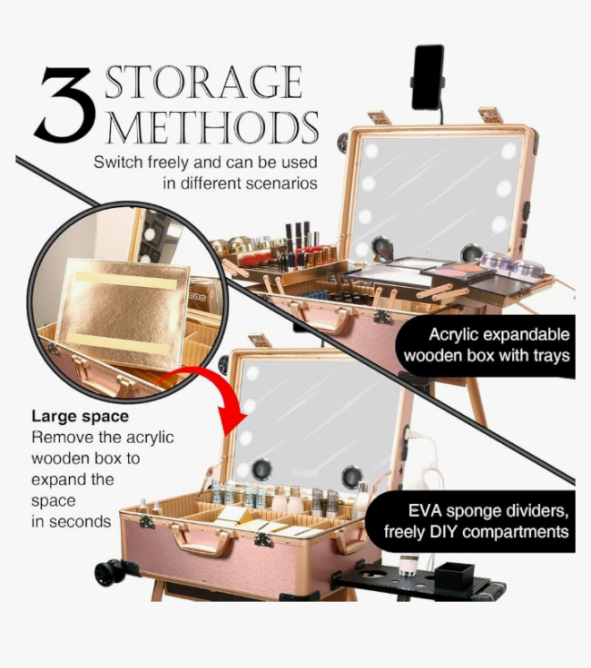 Rolling Makeup Train Case with Mirror and Lights Cosmetic Travel Box Mobile Barber Stations with Bluetooth, Speaker, Wheels, Stands