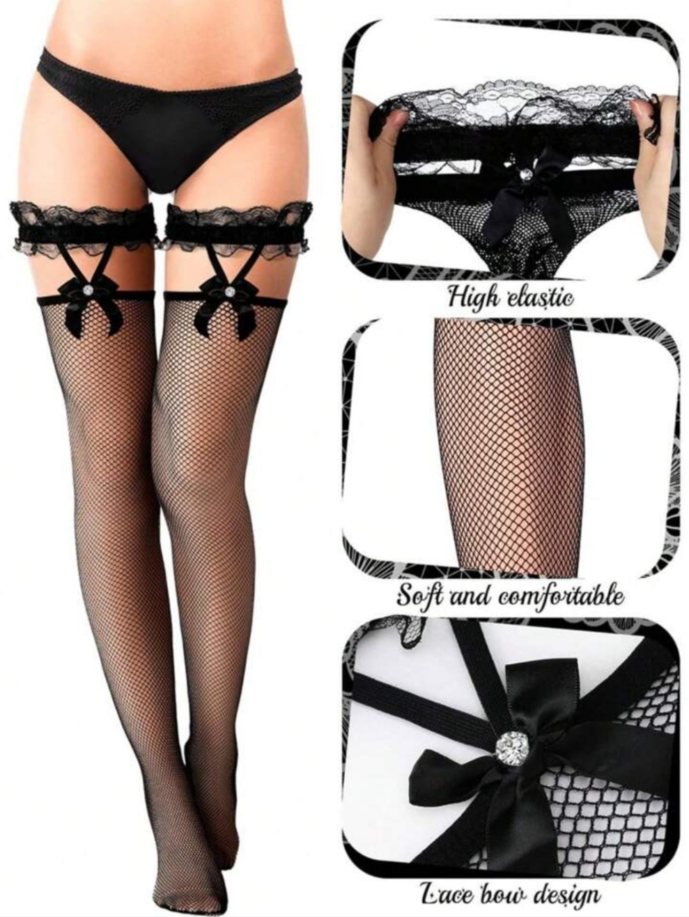2 Pairs Lace Top Fishnet Stockings Bow Suspenders Thigh High Stockings Mesh Hold Up Stockings For Women