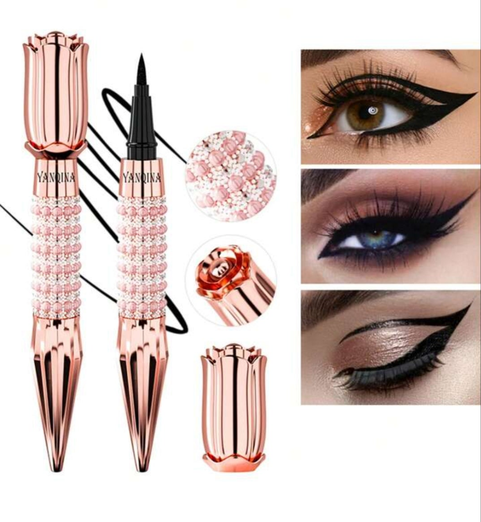Long-Lasting Black Liquid Eyeliner Pen with Rhinestone Bronzing Effect - Waterproof and Sweat-Proof Eye Makeup Tool