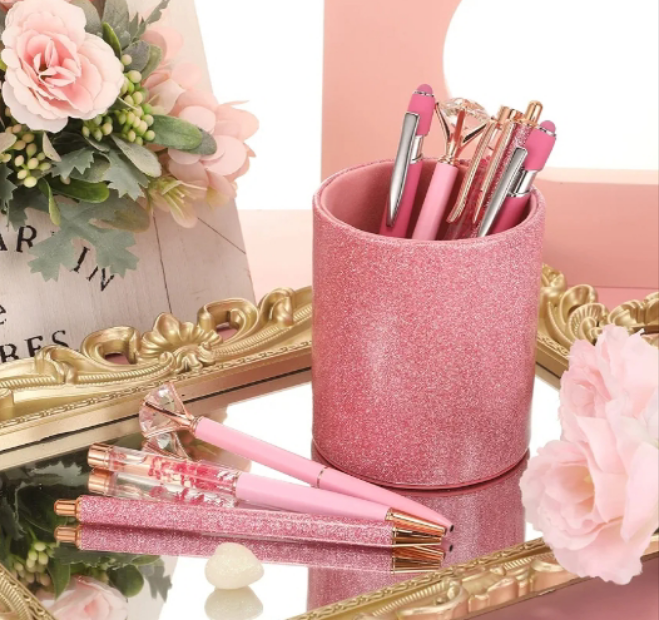8 Pcs Ballpoint Pens with Pen Holder for Desk Metal Crystal Diamond Pen Glitter Pencil Holder Fancy Pens Black Ink Bling Desk Organizer for Women Girls Office School Wedding Gifts