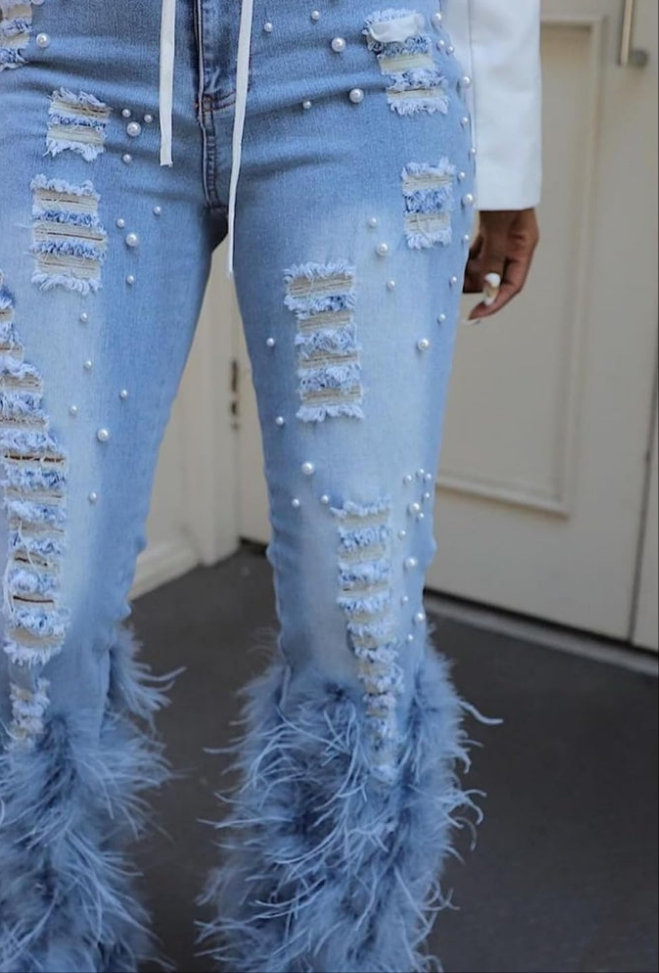 Pearl Feather Jeans Stretch Straight Leg Distressed Denim Pants