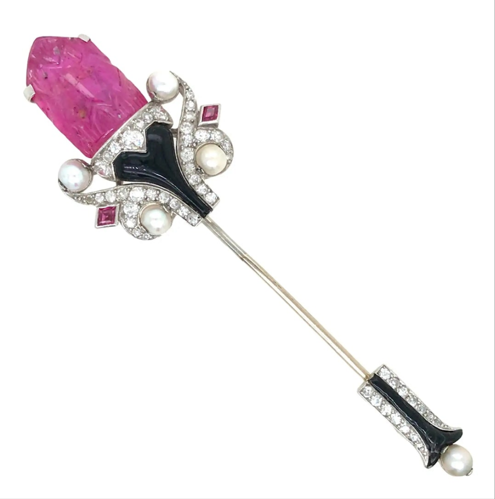 Cartier, Platinum 18K Gold Ruby Pearl Enamel Diamond Jabot Brooch, IAJA, GIA Diamonds: Approximately 0.32 ct Burma No-heat carved Ruby: