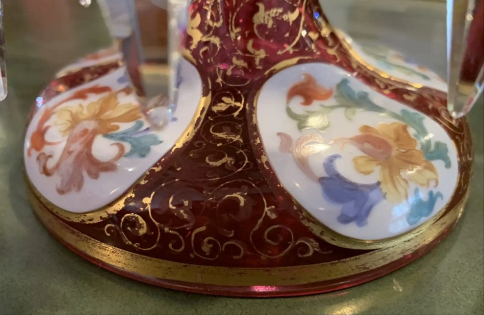 Pair of antique Moser Bohemian cranberry overlay hand painted lusters, circa 1900s cranberry glass