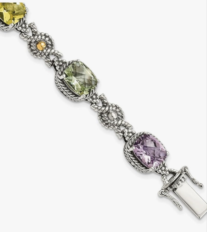 925 Sterling Silver 7.25 inch Vintage Cushion-cut Pink Quartz Green Lemon Chain Gemstone Tennis Bracelet