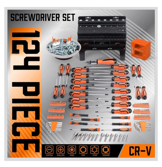 124-Piece Magnetic Screwdriver Set with Plastic Racking, Precision Screwdrivers, Magnetizer, Demagnetizer, Allen Keys, Nut Drivers, Ratchet Handles, Sockets & More - DIY Tools for Men, Tools Gift