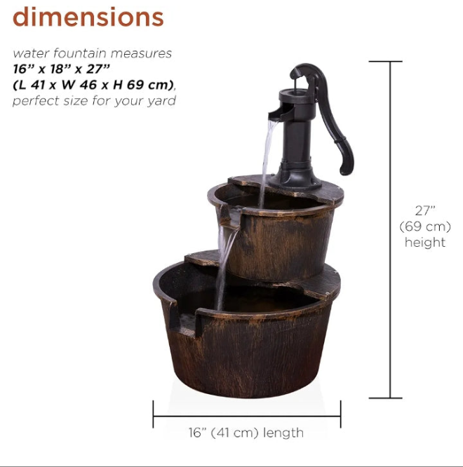 Outdoor Floor Rustic 2-Tiered Barrel and Pump Water Fountain, Old-Fashioned Fountain, 27", Bronze
