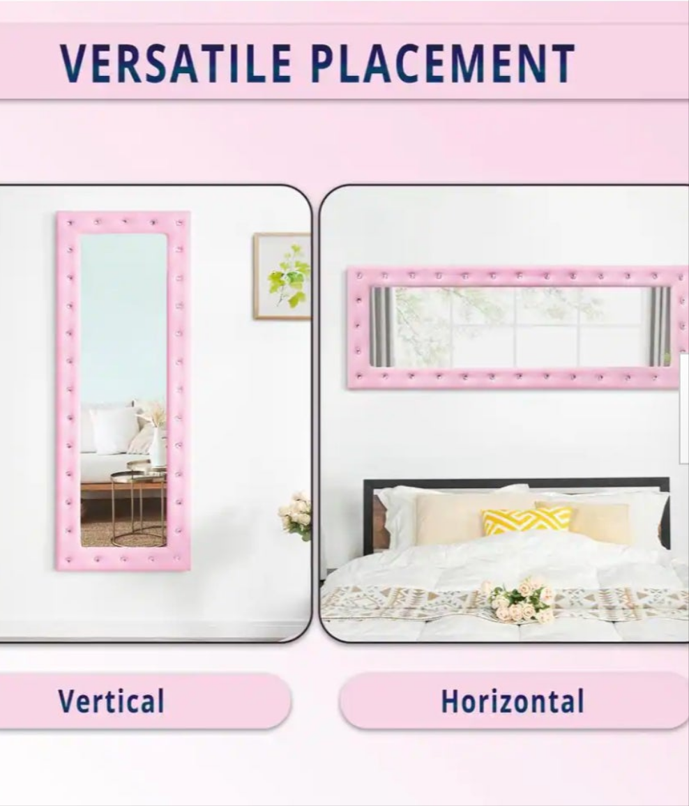 My 22 in. W x 63 in. H Modern Crystal Tufted Rectangle Framed Pink Leaning Mirror in beige as well