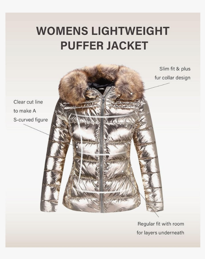 Lightweight Puffer Jacket, Winter Coats for Women Warm Quilted Bubble Padded Hood Coat with Faux Fur Collar