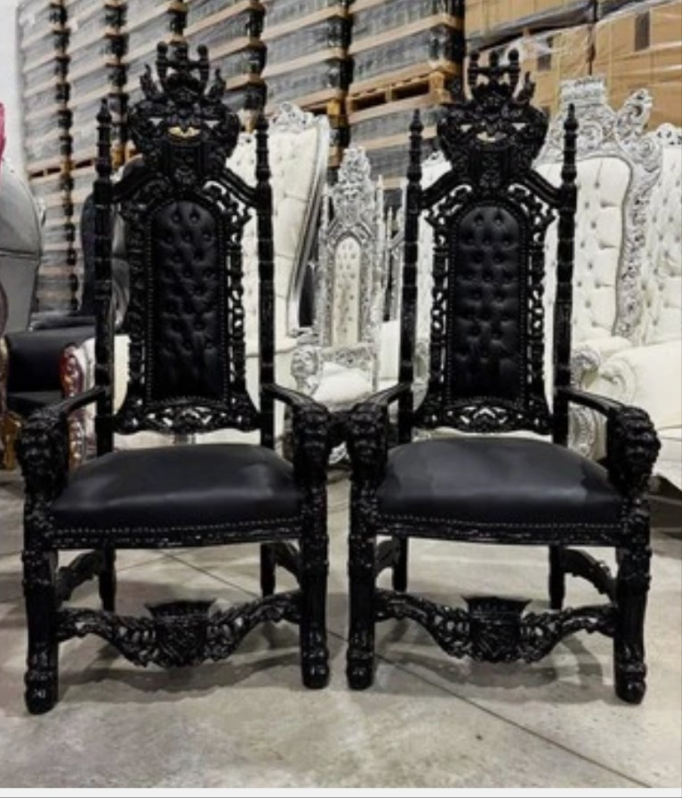 French Medieval Style King Throne Chair with Leather and Gold Leaf Details on the Gold chair Silver Leaf on the Silver chair and Black Lacquer on the Black chair