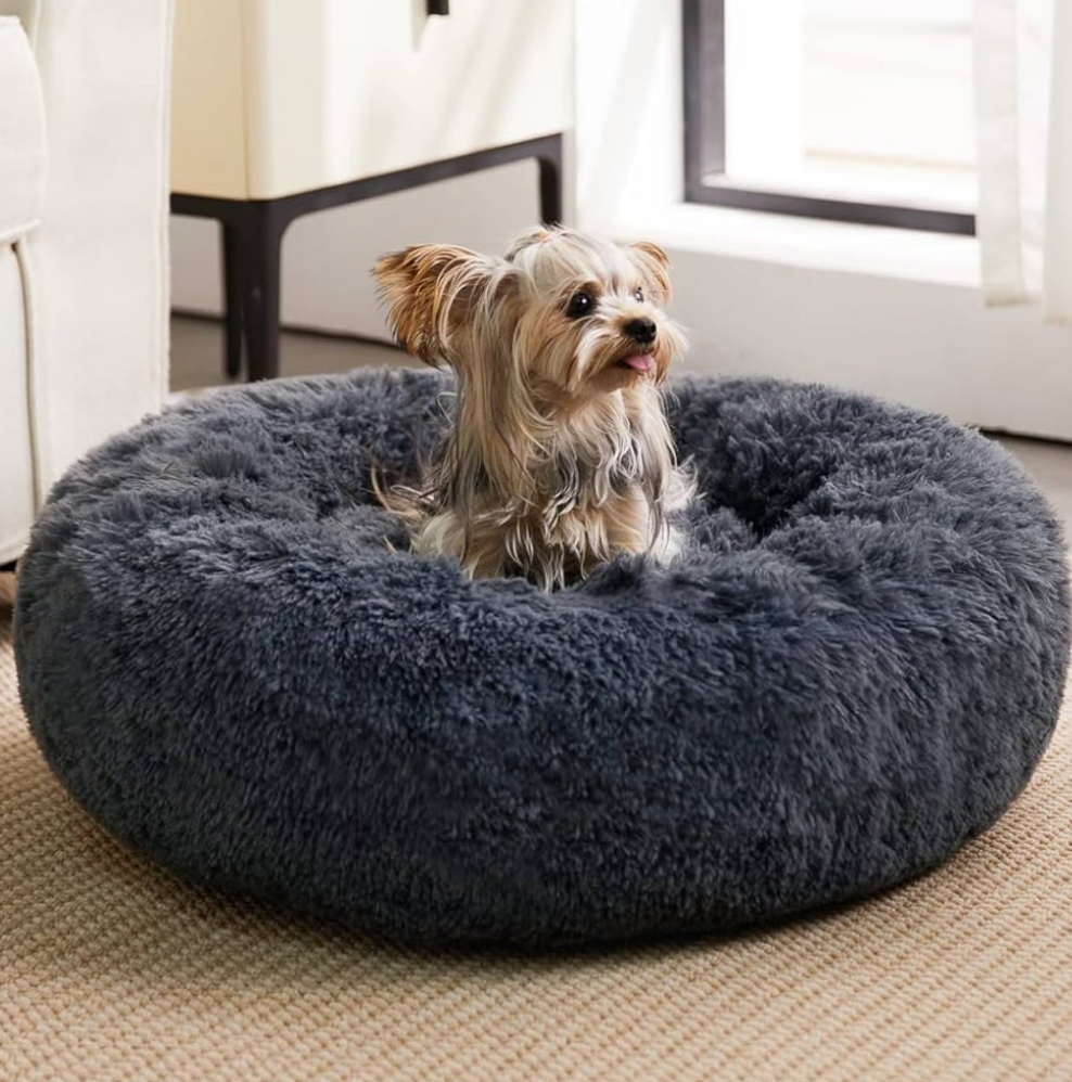 Calming Dog Cat Bed Donut, Faux Fur Pet Bed Self-Warming Donut Cuddler, Comfortable Round Plush Dog Beds