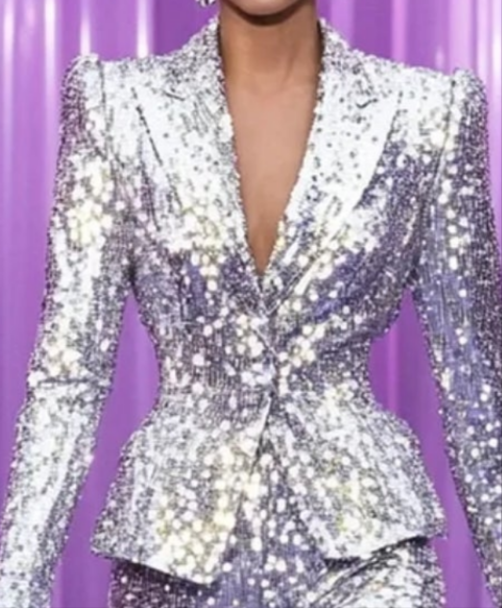 COCOMONEY Sparkly Sequin Peak Lapel Two Piece Pant Set-Silver All over design gloves not included