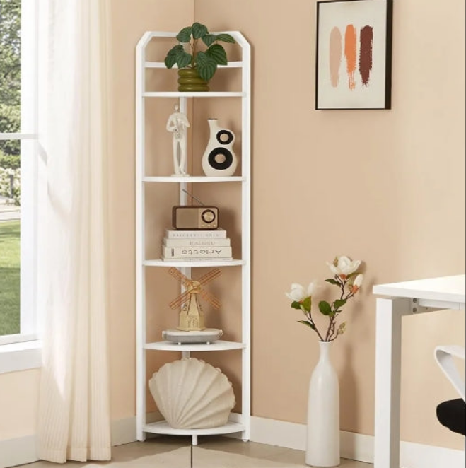 Corner Shelf, 5-Tier Industrial Corner Bookshelf, Freestanding Corner Shelf Stand with Metal Frame, Open Corner Plant Stand for Small Space, Home Office, Living Room, Bedroom,