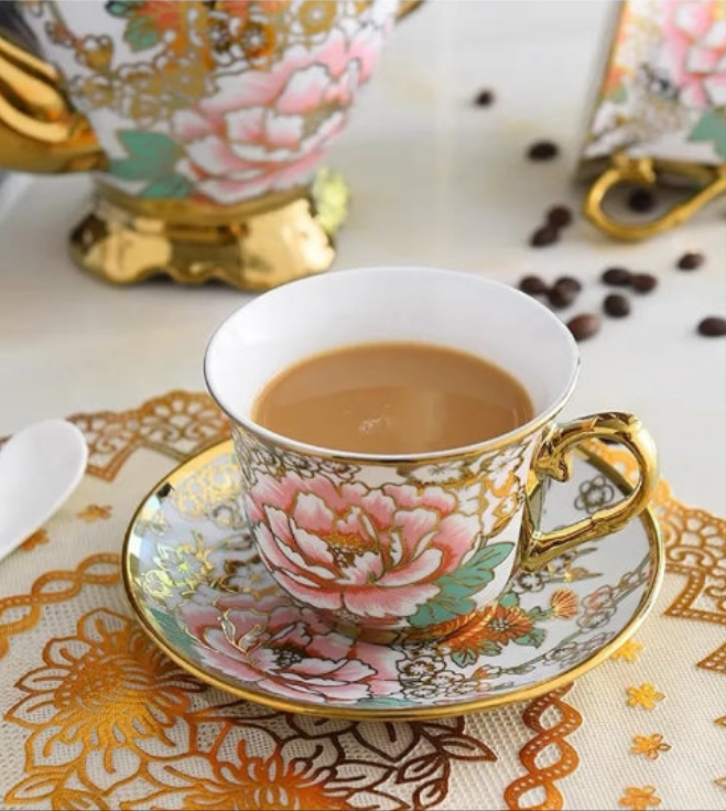 Gold Plated Red Rose Ceramic Tea Set, Vintage Tea Set with Teapot, Beautiful Tea Set Coffee Serving 6 People (red, large)