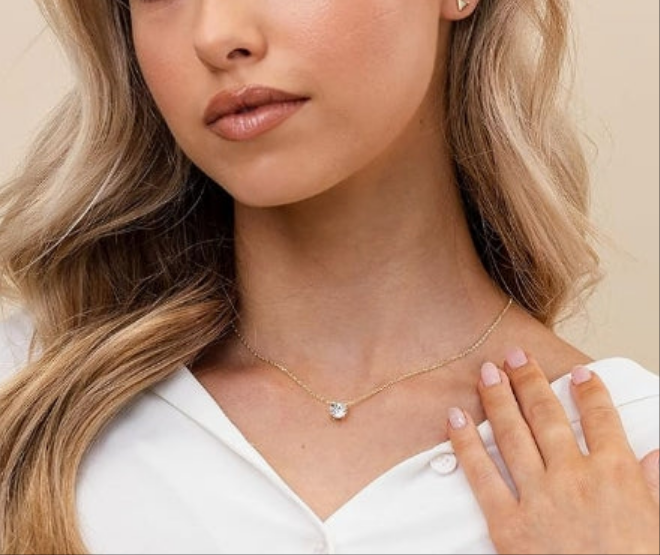14K Gold Plated Crystal Solitaire 1.5 Carat (7.3mm) Cubic Zirconia Dainty Choker Necklace | Gold Necklaces for