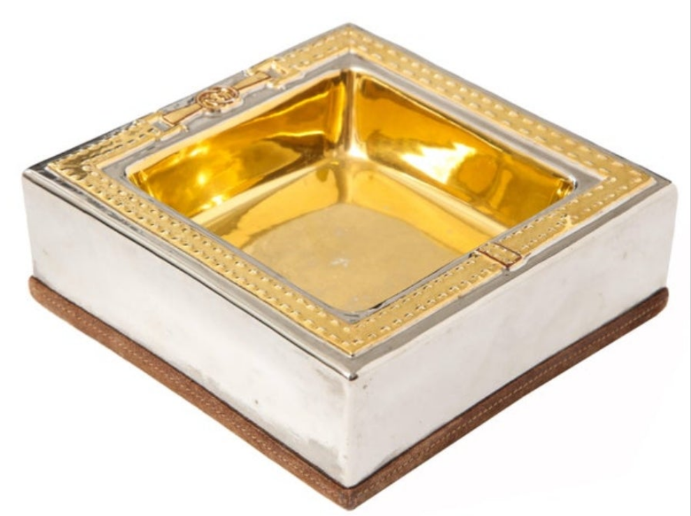 Gucci Horsebit Double Ashtray, Brass, Gold Leaf, Nickel, Leather, Signed