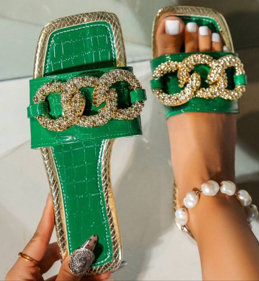 Fashion Gold Chain Flat Sandals, Comfortable Casual Open Toe Slippers Suitable For Outdoor, Beach, Party