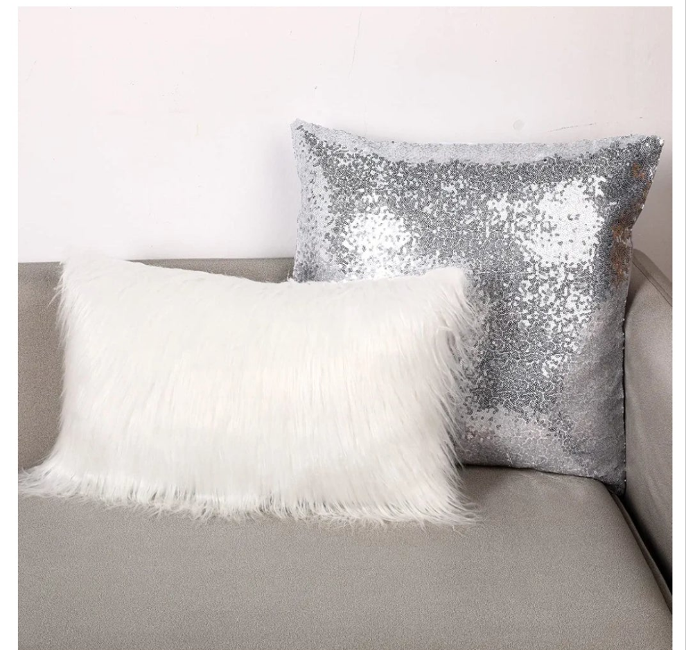 4 Pcs Sequin and Fluffy Pillow Covers Winter Faux Fur Throw Pillow Cases Glitter Bling Soft Fuzzy Cushion Cover for Couch Bed Sofa Xmas Day(18 x 18 Inch, 12 x 20 Inch,Silver