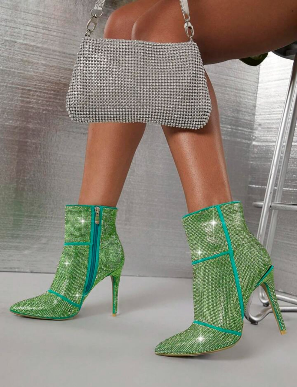 Rhinestone Side Zipper Stiletto Heeled Boots