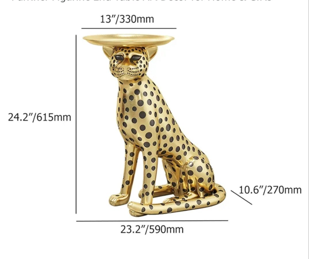 Leopard Statue Side Table with Tray Top– Gold Panther Figurine End Table Art Decor for Home & Gifts