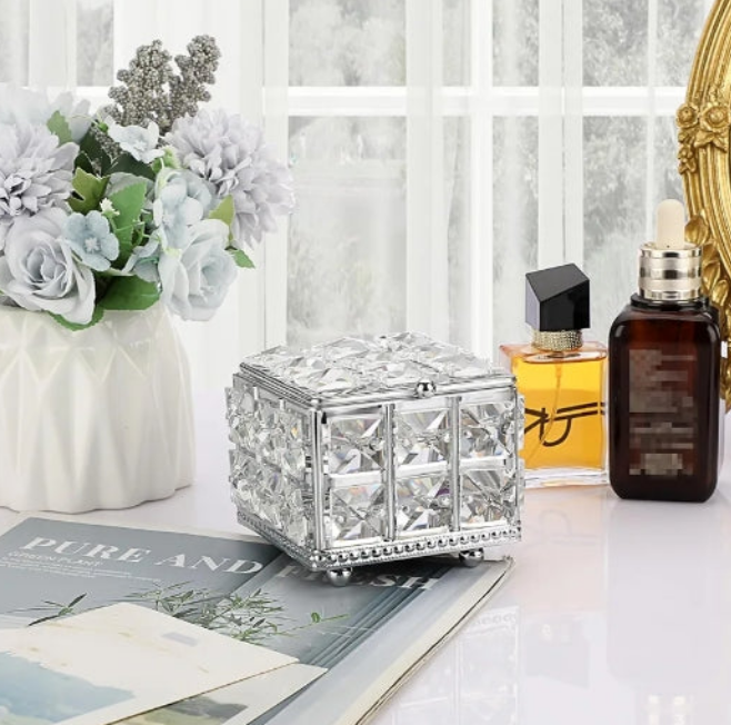 Crystal Jewelry Box - Square Decorative Trinket Organizer Box Sparkling Mirrored Jewelry Chest for Rings Earrings Keepsakes