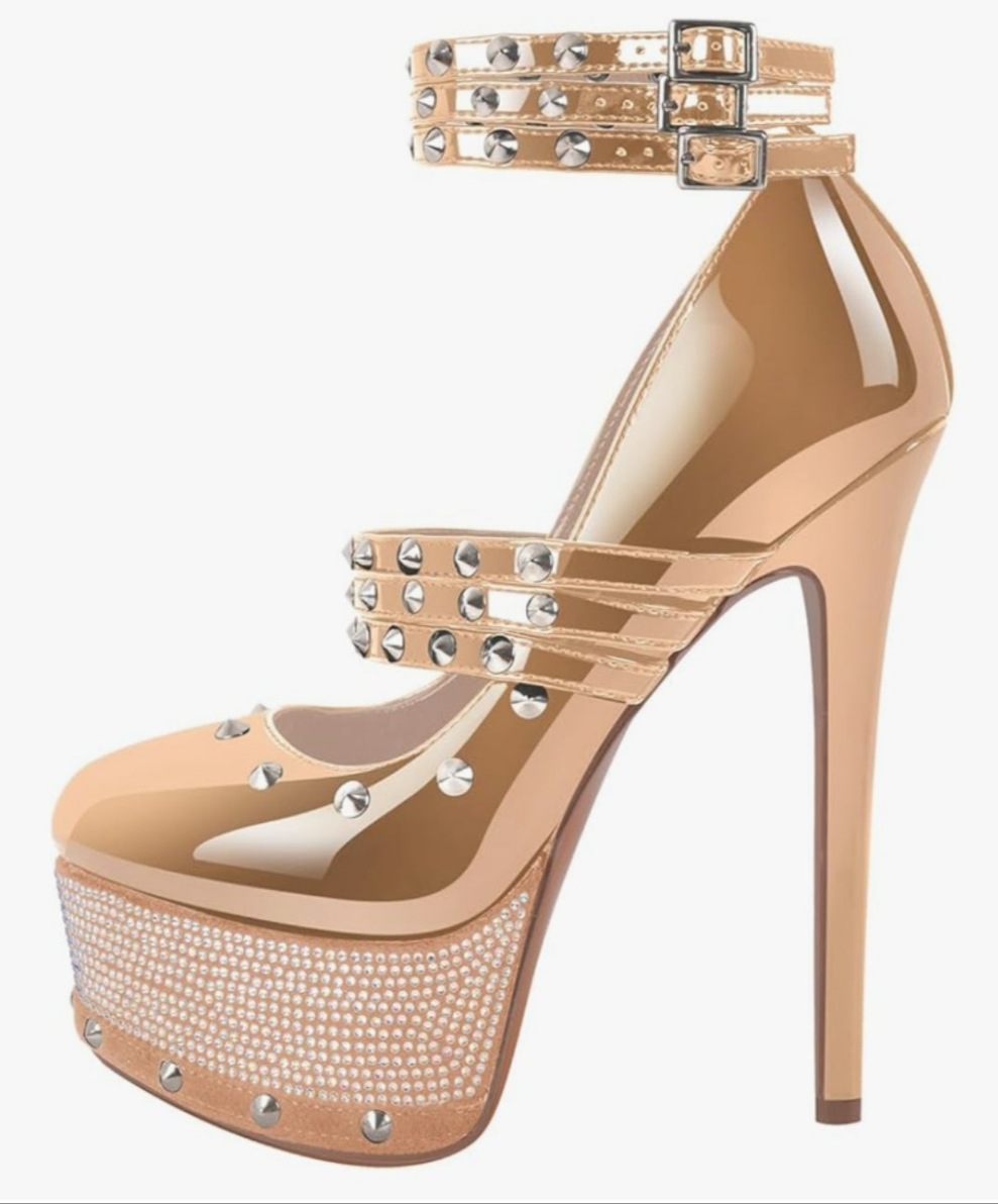Close Toe Stiletto Platform Mary Jane Pumps for Women Triple Buckle up Rivet Studded Strappy Party Shoes