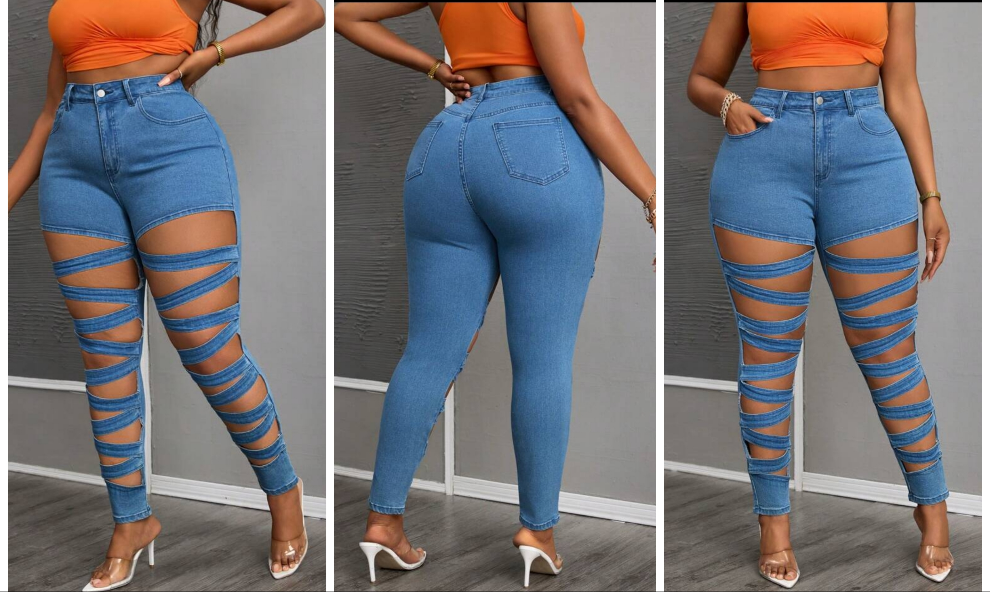 Plus Size Distressed Lace-Up Hollow Skinny Jeans COCOMONEY