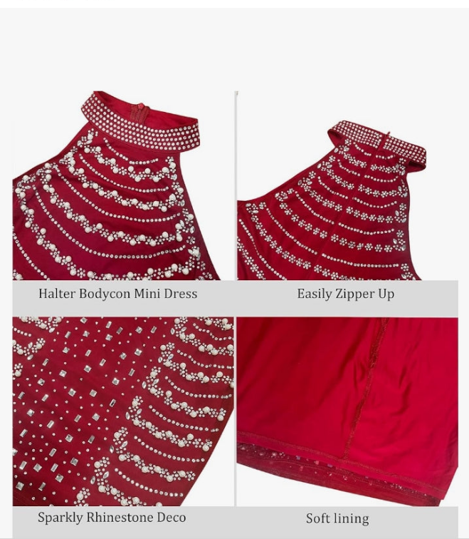 COCOMONEY SLEEVLESS RHINESTONE HALTER MINI DRESS