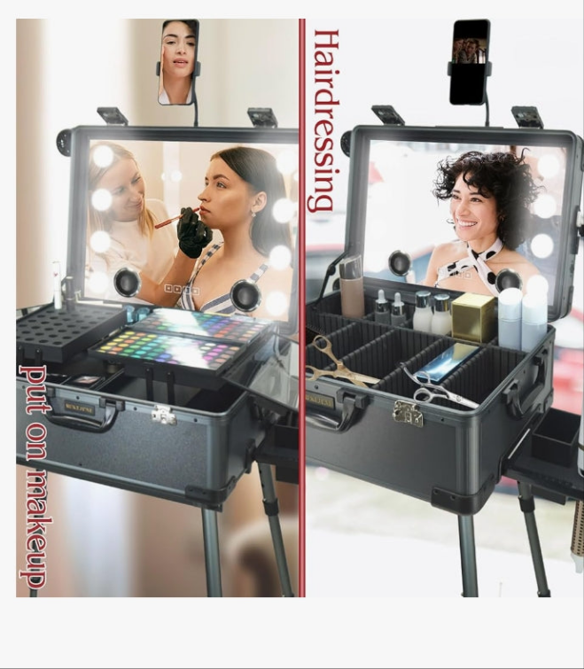 Rolling Makeup Train Case with Mirror and Lights Cosmetic Travel Box Mobile Barber Stations with Bluetooth, Speaker, Wheels, Stands